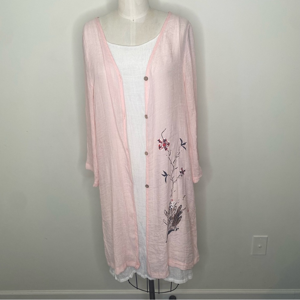 Kiss & Kiss  Sleeveless Dress &
Duster Hand Painted Floral  S Pink & White